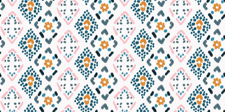 Seamless abstract pattern in pastel colors on white background. Diamonds embroidery. Folk ornament. Tribal ethnic vector texture.