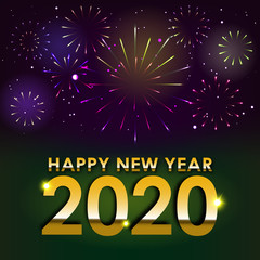 Brightly Colorful Fireworks celebration on twilight colorful fireworks vector with greeting Happy new year 2020 on dark blue  purple background with sparking bokehs.