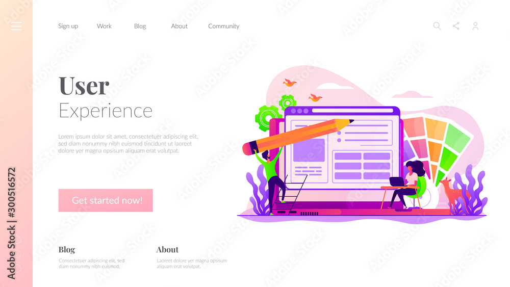 Poster website responsive ui, gui development business. designers team working with laptops, create app ux.