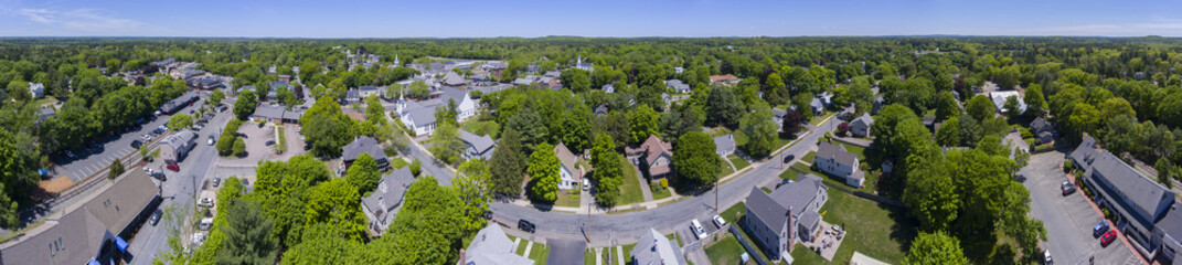 Aerial view of Medfield historic town center and Maine Street panorama in summer, Medfield, Boston Metro West area, Massachusetts, USA.
