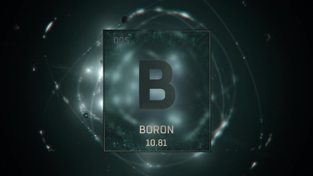 Boron as Element 5 of the Periodic Table. Seamlessly looping 3D animation on green illuminated atom design background with orbiting electrons. Design shows name, atomic weight and element number