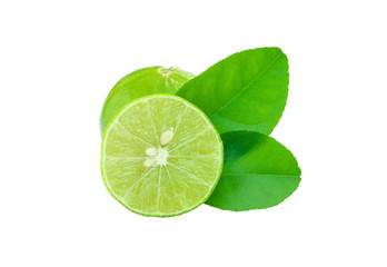 Green lemon with leafs isolated on white background, with clipping path..