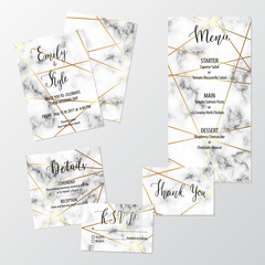 Wedding white marble design set with geometric gold lines including invitation, menu, RSVP, thank you and details card. 