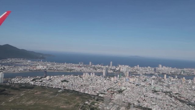 Panoramic panorama of the city Cam Ranh in Vietnam overlooking the sea mountains.