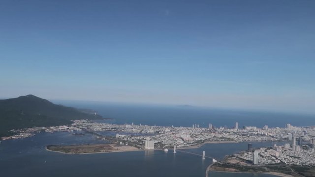 Panoramic panorama of the city Cam Ranh in Vietnam overlooking the sea mountains.