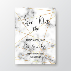 Save the date postcard with white marble texture and geometric gold polygons.