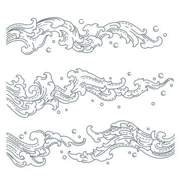 Creativity water wave splashing. China,Thailand,Japan. Single line vector style. Isolated on white background.