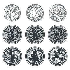 Oriental water wave in Yin Yang circle shape. Outline and filled with gray. Symbolic of opposite. For concepted by Thai, Japanese, Chinese believable.
