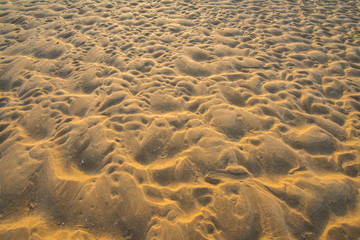 The abstract and texture of sand beach with golden light during sunrise/sunset.