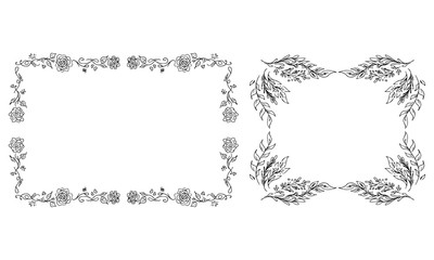 Tropical hand drawn floral frames. Outline set. Jungle foliage illustration. Floral set. Hand drawing. Vector isolated collection. Natural spring wedding card. Summer tropical leaf. Botanical frames