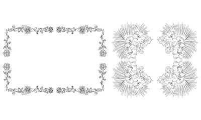 Tropical hand drawn floral frames. Outline set. Jungle foliage illustration. Floral set. Hand drawing. Vector isolated collection. Natural spring wedding card. Summer tropical leaf. Botanical frames