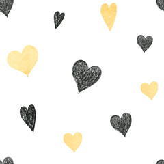 Hand drawn seamless pattern  with graphic  black and golden  and watercolor pink hearts. Valentines day theme on white background. Perfect for covers, textile, fabric, school supplies.