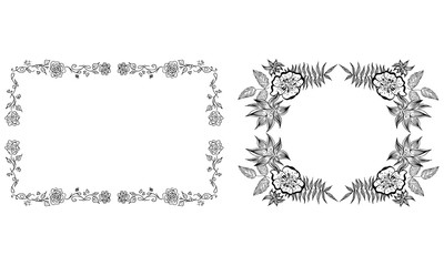 Tropical hand drawn floral frames. Outline set. Jungle foliage illustration. Floral set. Hand drawing. Vector isolated collection. Natural spring wedding card. Summer tropical leaf. Botanical frames