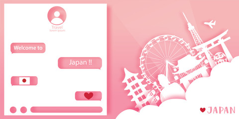 Tokyo, Japan Travel postcard , poster, tour advertising of world famous landmarks in paper cut style.