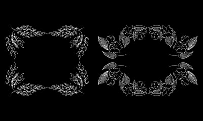 Tropical hand drawn floral frames. Outline set. Jungle foliage illustration. Floral set. Hand drawing. Vector isolated collection. Natural spring wedding card. Summer tropical leaf. Botanical frames