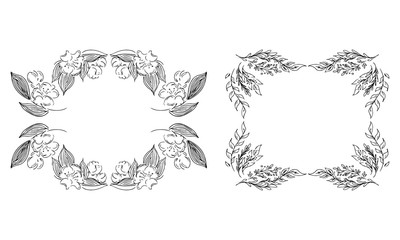 Tropical hand drawn floral frames. Outline set. Jungle foliage illustration. Floral set. Hand drawing. Vector isolated collection. Natural spring wedding card. Summer tropical leaf. Botanical frames