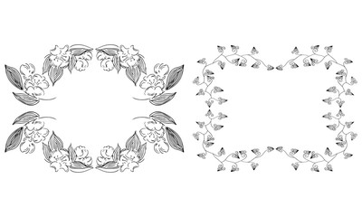 Tropical hand drawn floral frames. Outline set. Jungle foliage illustration. Floral set. Hand drawing. Vector isolated collection. Natural spring wedding card. Summer tropical leaf. Botanical frames