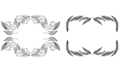 Tropical hand drawn floral frames. Outline set. Jungle foliage illustration. Floral set. Hand drawing. Vector isolated collection. Natural spring wedding card. Summer tropical leaf. Botanical frames