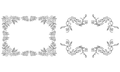 Tropical hand drawn floral frames. Outline set. Jungle foliage illustration. Floral set. Hand drawing. Vector isolated collection. Natural spring wedding card. Summer tropical leaf. Botanical frames