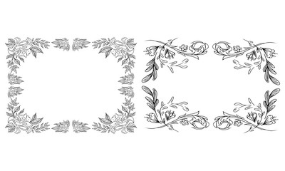 Tropical hand drawn floral frames. Outline set. Jungle foliage illustration. Floral set. Hand drawing. Vector isolated collection. Natural spring wedding card. Summer tropical leaf. Botanical frames