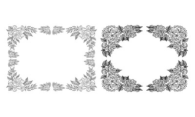 Tropical hand drawn floral frames. Outline set. Jungle foliage illustration. Floral set. Hand drawing. Vector isolated collection. Natural spring wedding card. Summer tropical leaf. Botanical frames