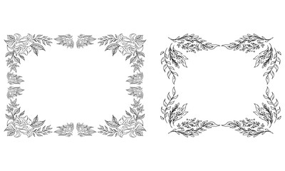 Tropical hand drawn floral frames. Outline set. Jungle foliage illustration. Floral set. Hand drawing. Vector isolated collection. Natural spring wedding card. Summer tropical leaf. Botanical frames