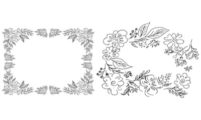 Tropical hand drawn floral frames. Outline set. Jungle foliage illustration. Floral set. Hand drawing. Vector isolated collection. Natural spring wedding card. Summer tropical leaf. Botanical frames