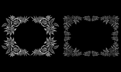 Tropical hand drawn floral frames. Outline set. Jungle foliage illustration. Floral set. Hand drawing. Vector isolated collection. Natural spring wedding card. Summer tropical leaf. Botanical frames
