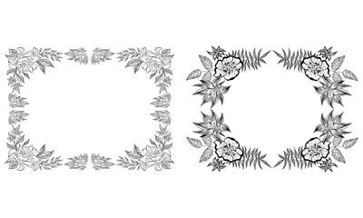 Tropical hand drawn floral frames. Outline set. Jungle foliage illustration. Floral set. Hand drawing. Vector isolated collection. Natural spring wedding card. Summer tropical leaf. Botanical frames