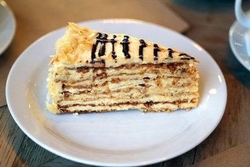 Photo of delicious big sweet cake in restaurant