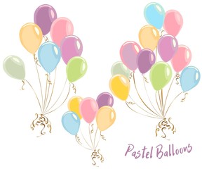 Colorful pastel color balloons isolated on white, celebrate party banner with helium balloons, festive happy birthday and anniversary template or invitation, Decorative elements for poster balloons fo