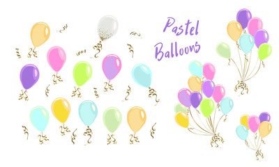 Colorful pastel color balloons isolated on white, celebrate party banner with helium balloons, festive happy birthday and anniversary template or invitation, Decorative elements for poster balloons fo
