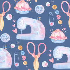 Sewing machine, pins, threads, scissors, buttons. Seamless pattern. Cute watercolor cartoon. Female needlework. Sewing tools.
