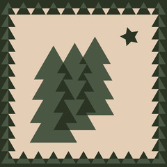 Obraz premium A bordered geometric simple christmas trees and star vector illustration. Surface print design. Great for seasonal cards and gift tags.