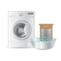 Vector realistic automatic washing machine and ribbed hand washboard in metal basin with soap bubbles isolated on white background. Hausework concept. 3D illustration.