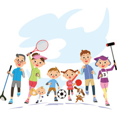 大空の下でスポーツをする三世代家族