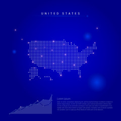 United States illuminated map with glowing dots. Dark blue space background. Vector illustration