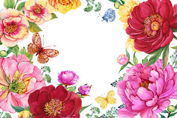 watercolor pink flowers and leaves frame  watercolor illustration