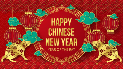 Happy Chinese New Year 2020 year of the rat paper cut style. Can be used for greetings card, flyers, invitation, posters, brochure, banners, calendar.