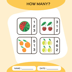 How Many. Count game. Education Counting Game for Preschool Children. Worksheet activity. Fruits. Watermelon. Cherry. Peach. Pear Food.