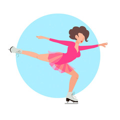 Woman figure skating. Happy ice skating time. Winter sport. Happy holidays. Circle frame. Pink. White background.