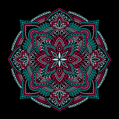 Graphic round mandala abstract isolated in black background.Boho indian shape.Ethnic oriental style.