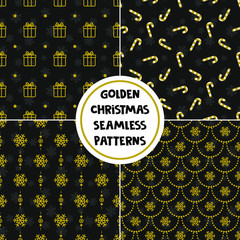 Set of seamless Christmas patterns with golden holiday elements on black background; Christmas design for greeting card, gift box, wallpaper, wrapping paper, package, fabric, web design.