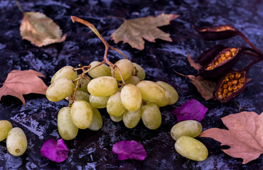 bunch of grapes on wooden table