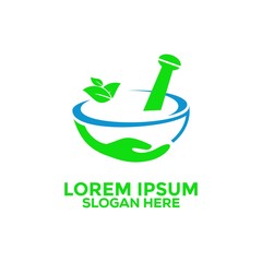herbal logo vector graphic with an icon that consist of mortar, pestle and leaf, Pharmacy logo vector template