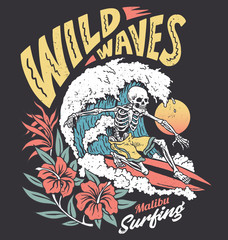 Vintage graphic of a surfing skeleton with hibiscus flowers - 300538919