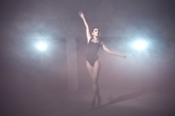 Girl posing in bodysuit and Pointe shoes in smoke