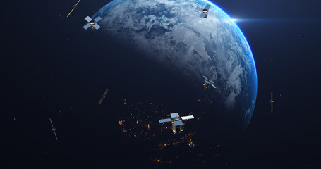 Satellites Flying Around Orbiting Planet Earth. Technology Related Scene. 4K CG Animation Of Dramatic Scene. Earth Images From NASA. 3D Illustration Render © Yucel Yilmaz