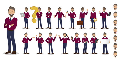 Businessman cartoon character set. Handsome business man in fall casual with purple sweater shirt . Vector illustration