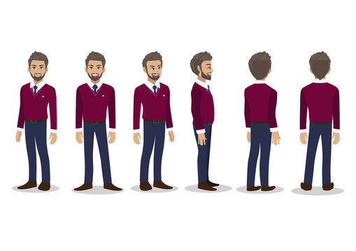 Businessman In Fall Casual With Purple Sweater Shirt Cartoon Character Animation Set. Front, Side, Back, 3-4 View Character. Flat Icon Design Vector